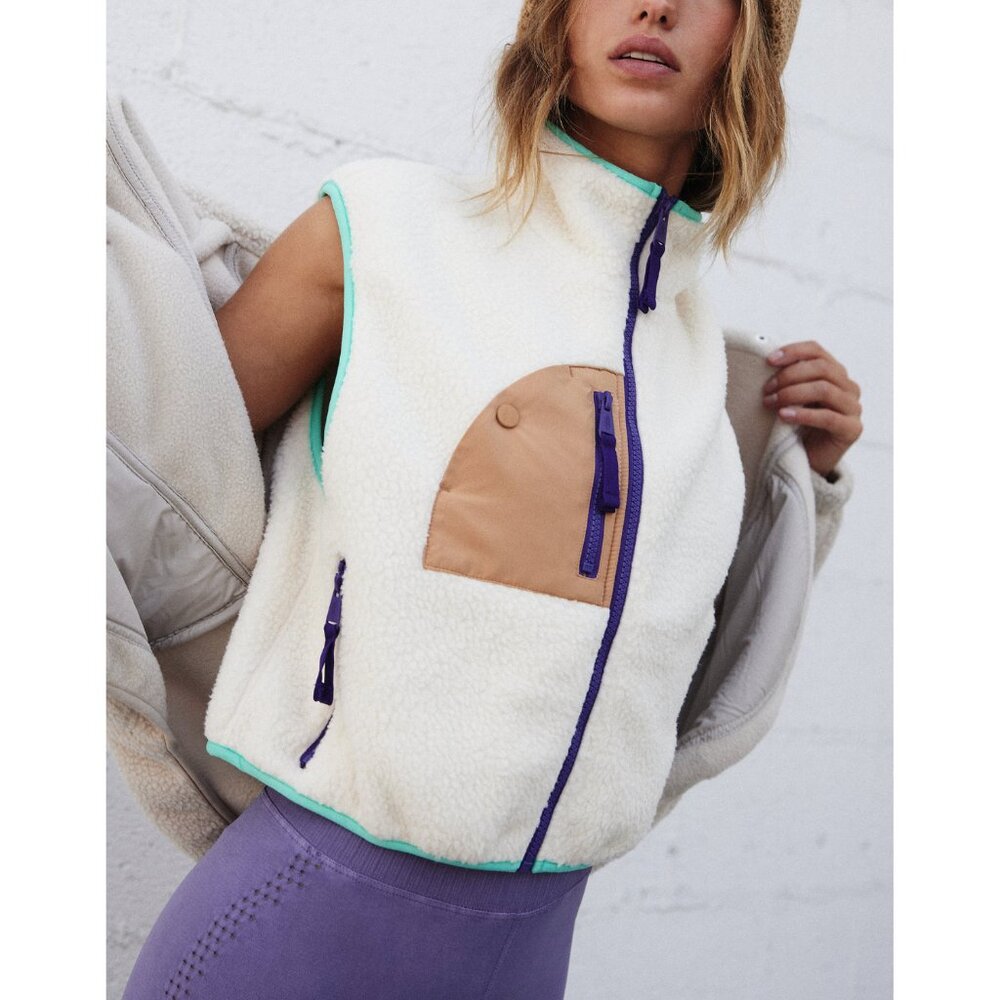 NWT FP Movement by Free People Cream Sherpa Vest with Tan Pocket and Purple Trim